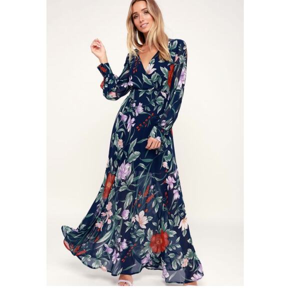 Lulus Fresh Prints Navy Blue Floral Print Long Sleeve Maxi Dress Size Small - Picture 1 of 12